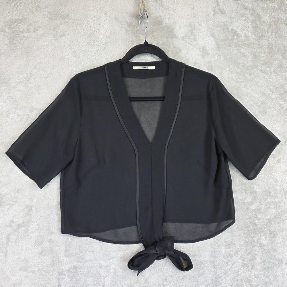J Brand Blouse Womens Size Black Sheer Tie Front Cropped Chiffon Top